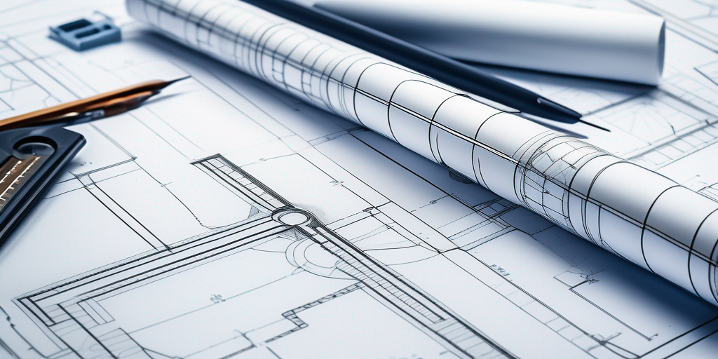 Architektonische Blaupausen und Zeichenwerkzeuge auf Tisch zeigen Bauplanung Praezision.