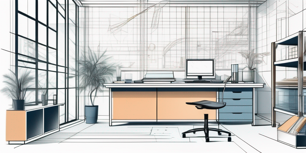 Architektonischer Arbeitsplatz mit Designwerkzeugen, Blaupausen und Modell, zeigt platzsparende Loesungen.