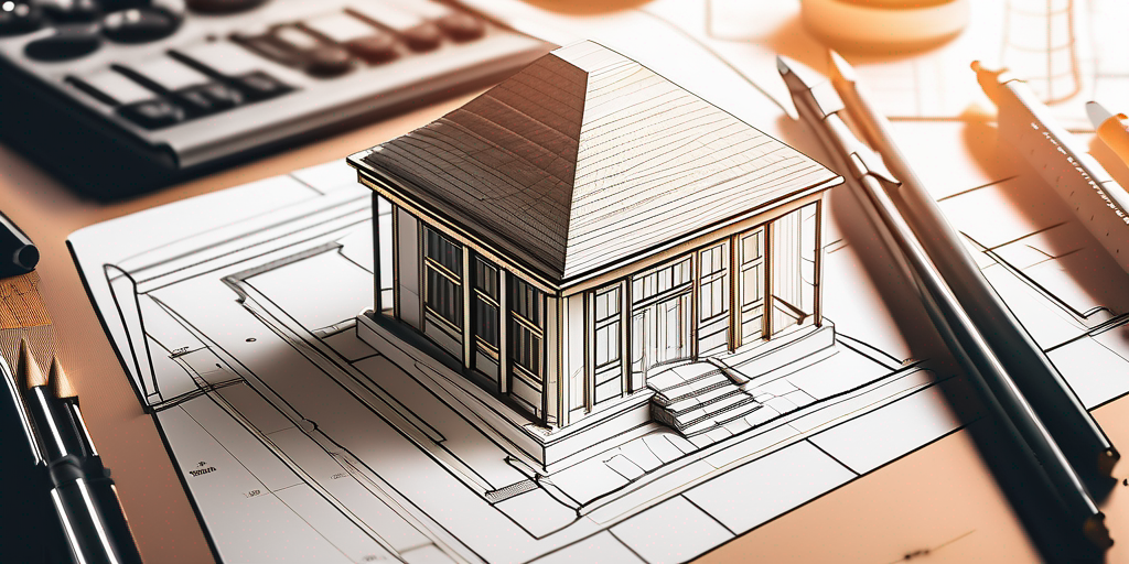 architektur blueprint auf tisch mit zeichentools und gebaeudemodell im warmen licht dargestellt